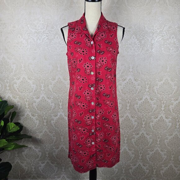Coldwater Creek Size Small Red Bandana Print Shirt Dress Sleeveless Linen Blend - Picture 2 of 15